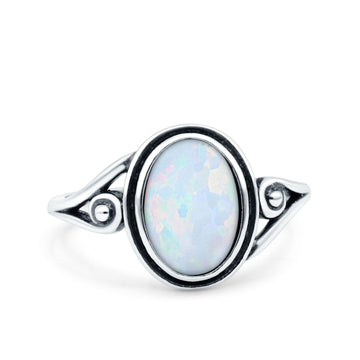 Petite Dainty Oval Vintage Style Ring Oxidized Lab Created White Opal Solid 925 Sterling Silver